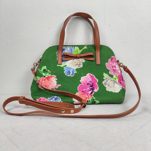 Kate‎ Spade Floral Canvas Bag Green Top Handle Shoulder Strap Satchel Preppy Bow - Picture 1 of 9